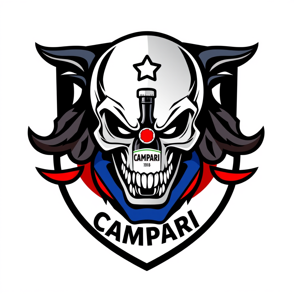Main logo studio: Football team crest for “ATLETICO CAMPARI”, aggressive stylized skull wearing a football scarf, small Campari bottle integrated into the emblem, domin