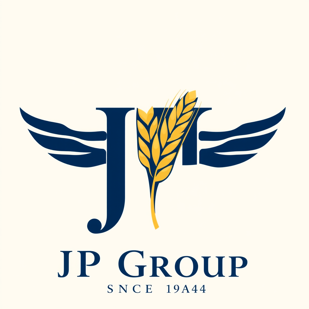 Main logo studio: Design a modern and premium logo for JP Group (Since 1944). Create a unique JP monogram with an elegant wheat stalk integrated into the design, symbol