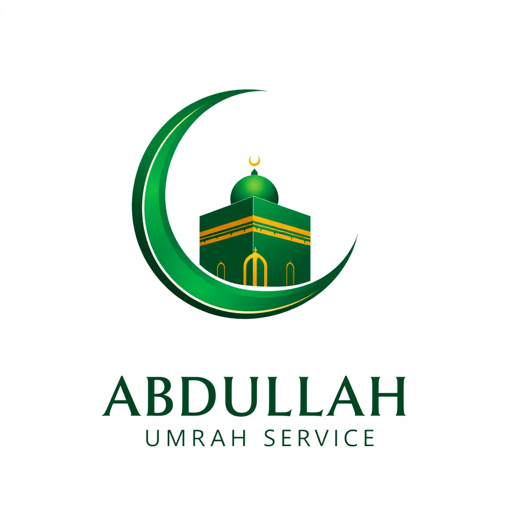 Main logo studio: Create a stunning premium logo for “ABDULLAH UMRAH SERVICE”, an Umrah travel company. Design a distinctive Islamic emblem combining the Kaaba and Masj