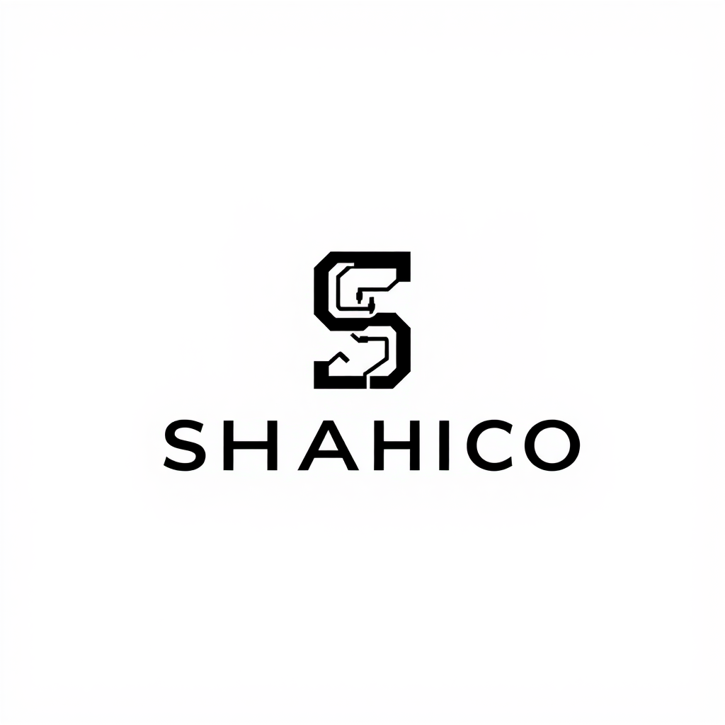 Main logo studio: Create a luxury minimalist wordmark for "SHAHICO". Make the letter "S" a unique custom symbol inspired by industrial electrical circuits, using very f