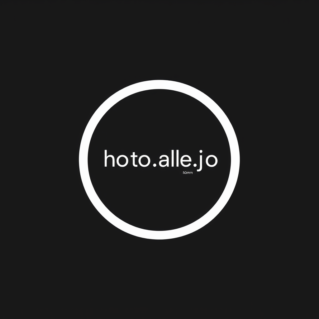 Minimalist Logo idea: minimalist logo, simple geometric mark for Minimal logo for "photo_ale.jpg". Solid black background, simple white circular lens icon with a clean geom