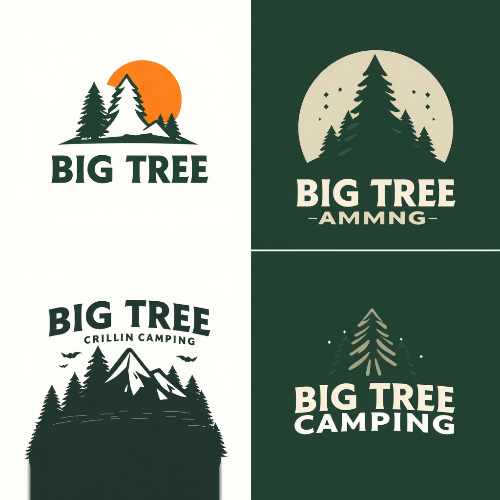 Main logo studio: Create me 4 diffrent logos for a camping brand called big tree camping