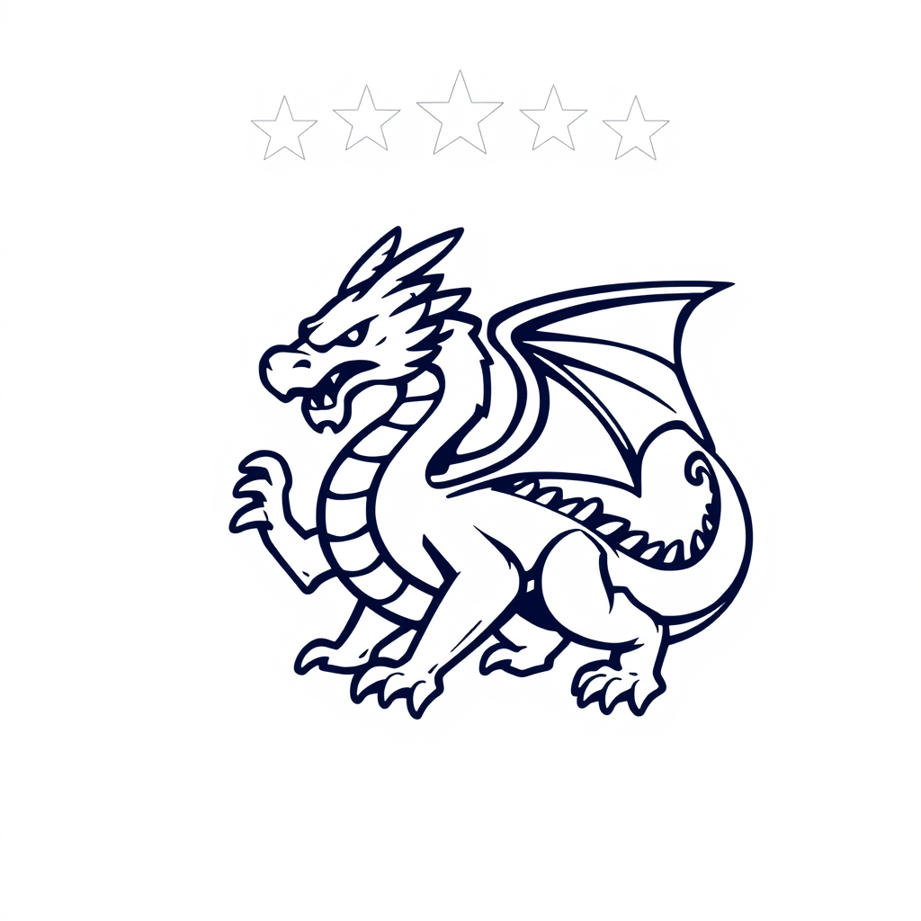 Main logo studio: Créer moi un logo sport avec un dragon comme mascotte, le logo sera doré et blanc, et en haut alignés et de la même couleurs et taille, 4 étoiles doré