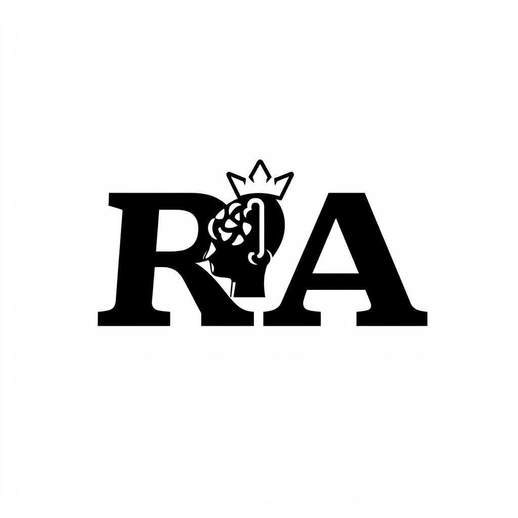 Cartoon Logo idea: cartoon style logo for Rogue Ambition — psychology and motivation brand. Create a simple monogram with a subtle mind,crown or RA symbol integrated int