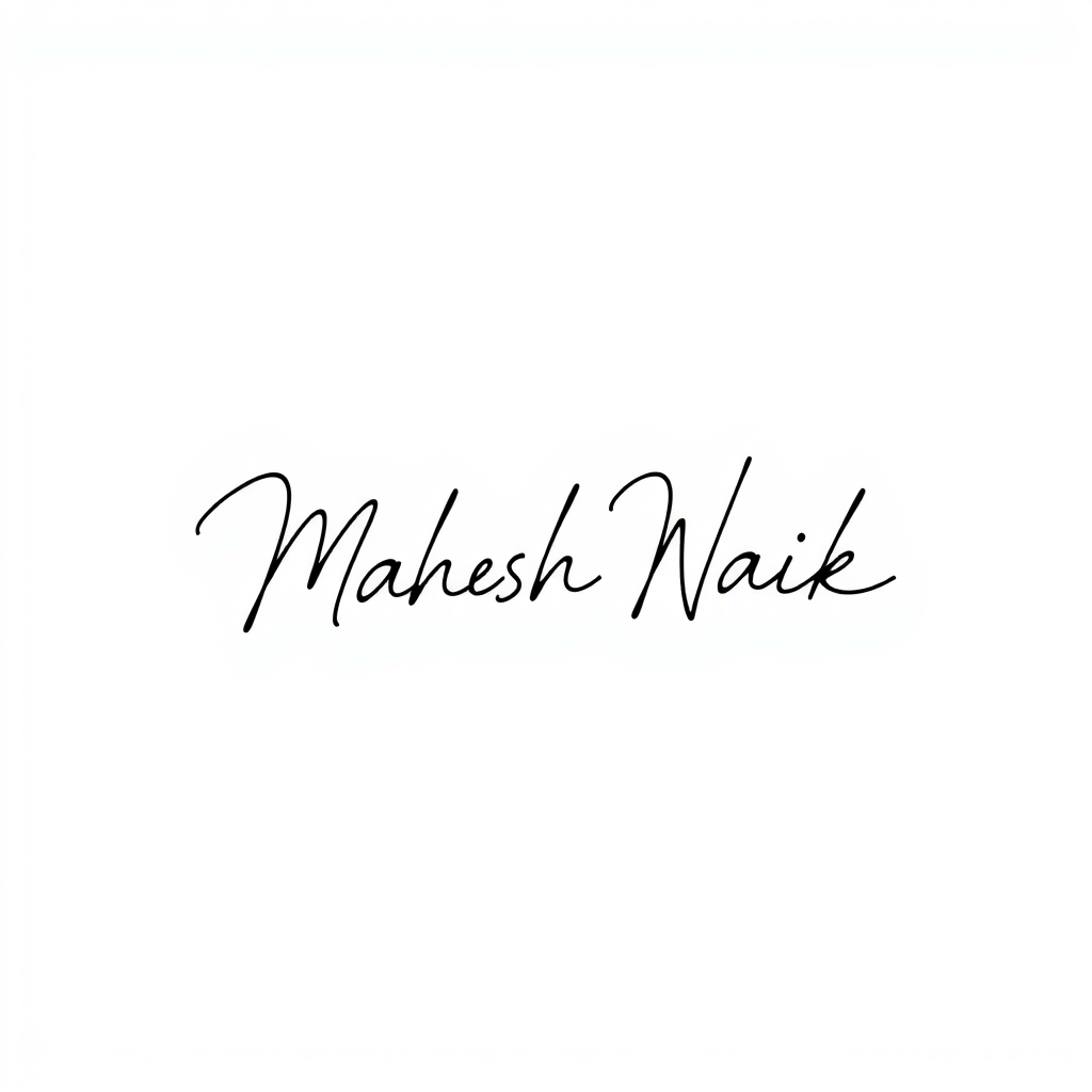 Signature Logo idea: signature logo of the name Mahesh Naik , elegant handwritten calligraphy, flowing script lettering, personal signature style, delicate pen strokes, fl
