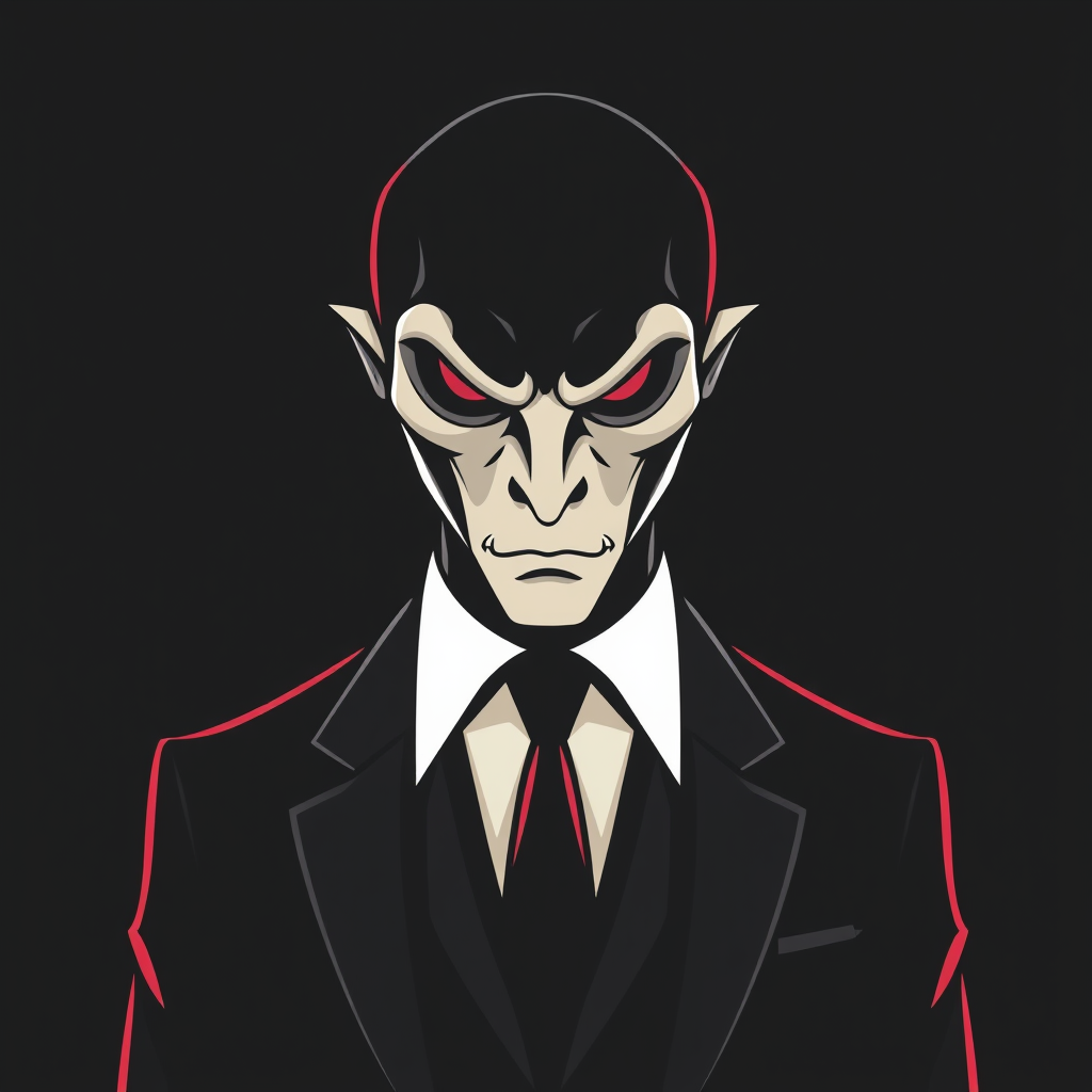 Main logo studio: Professional dark mascot for a cybersecurity research identity. A mysterious humanoid creature wearing a perfectly tailored black suit and white shirt