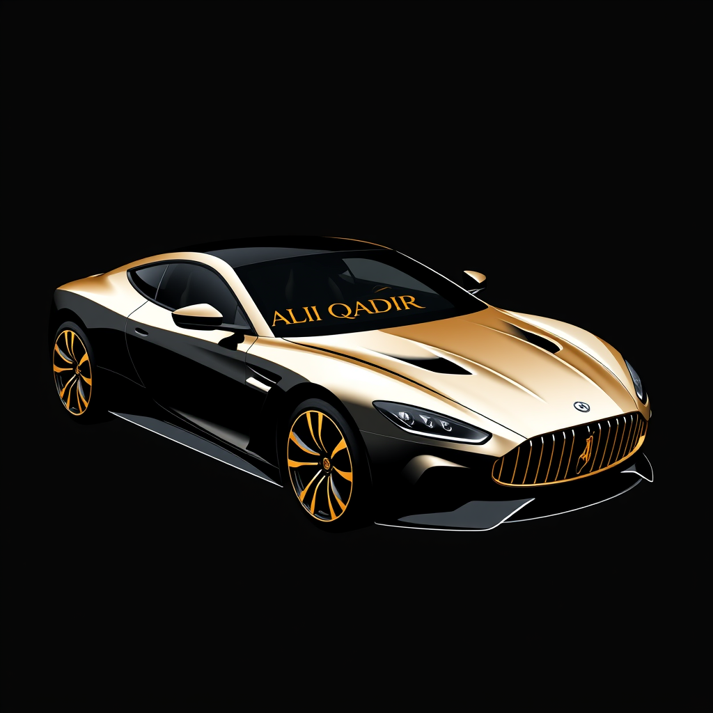 Main logo studio: Luxury automotive logo, sleek car silhouette, ALI QADIR inside the car, black and gold, premium, modern, clean business card logo