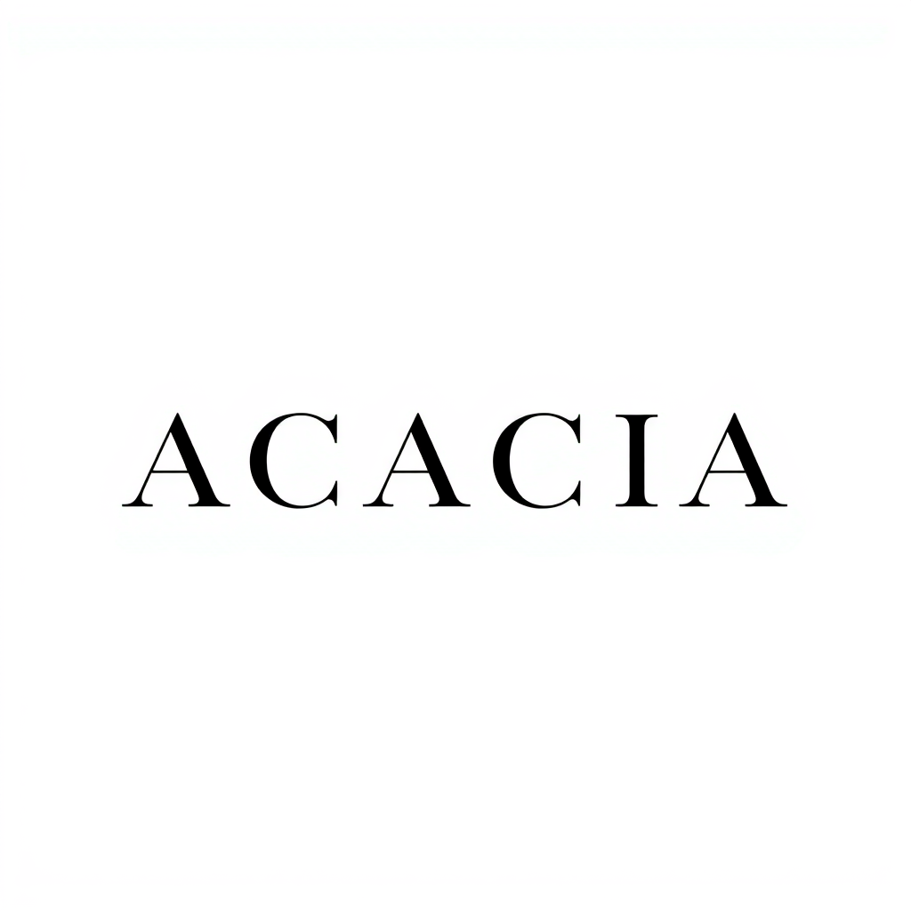 Main logo studio: Create a luxury minimalist logo for women’s fashion brand “ACACIA”. Elegant uppercase wordmark, refined modern serif typography, subtle abstract acaci
