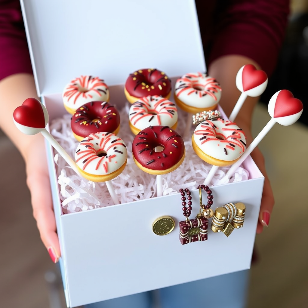 Main logo studio: It is a company of mini donuts cake pops and bracelets but the boxes where it is grabbed are bracelets and brings a kit of bracelets keychains or neck