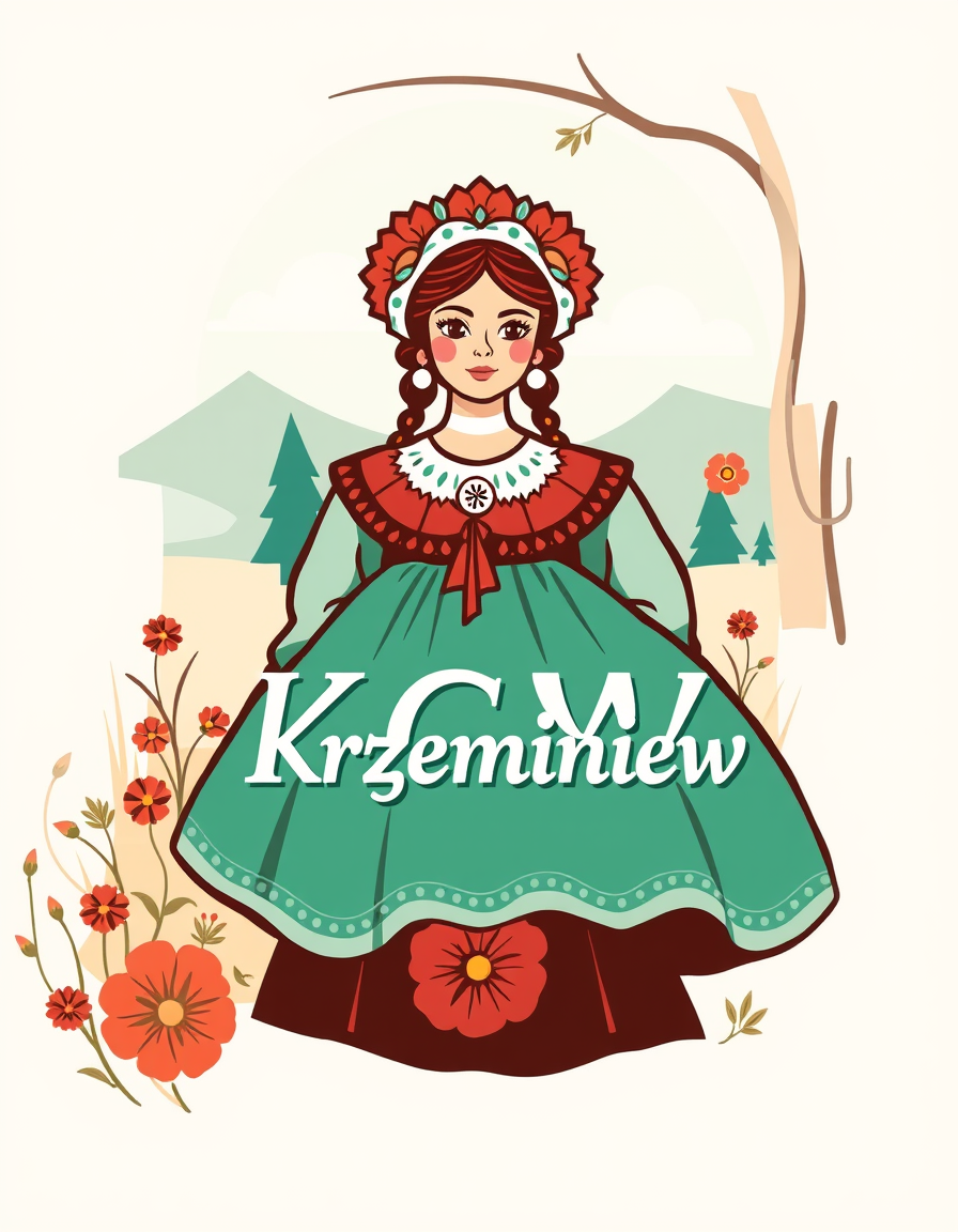 Main logo studio: Zaprojektuj radosne, efektowne logo dla „KGW Krzemieniew”, inspirowane polskimi dożynkami i folklorem. Centralnie umieść wiejską kobietę, otoczonegą w