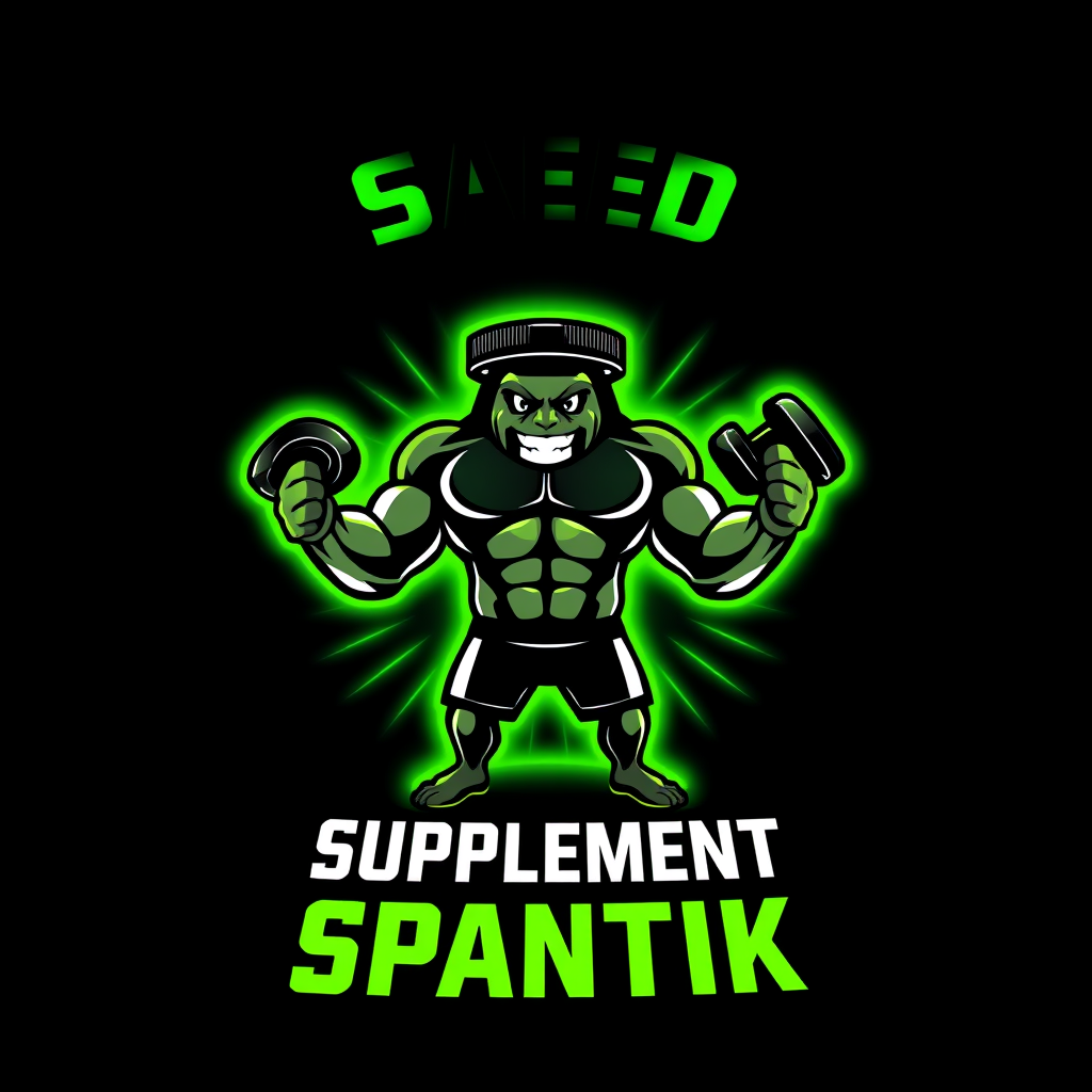 Main logo studio: Premium aggressive supplement logo. A single muscular supplement jar mascot standing in the center, holding two identical dumbbells, one in each hand.