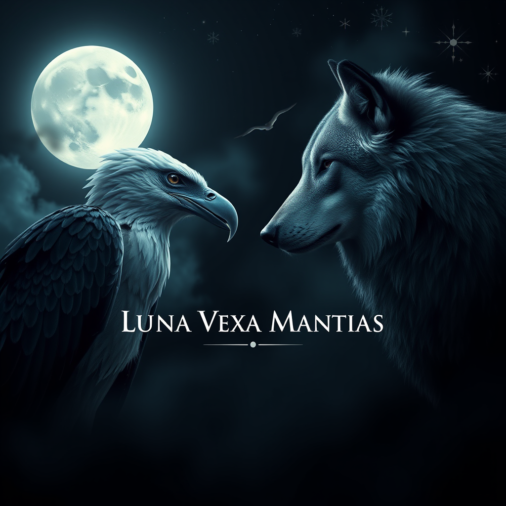 Main logo studio: Mystical YouTube banner for “Luna Vexa Mantias”. A majestic condor and a powerful grey wolf facing each other beneath a glowing full moon, starry nigh