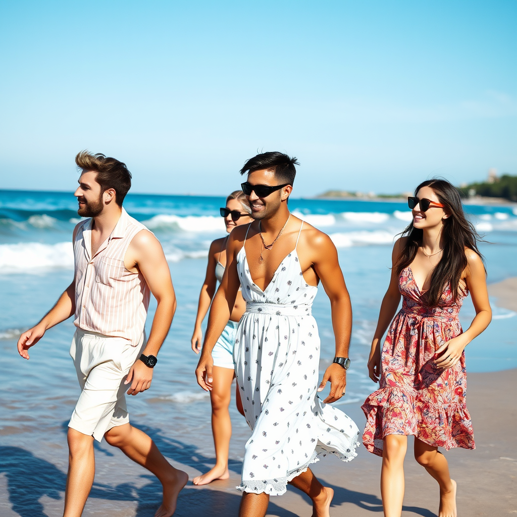 Main logo studio: a group of friends men and wormen wearing summer dress walking beside the beach