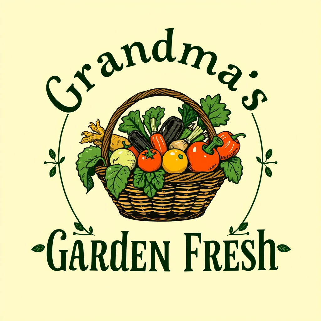 Main logo studio: Background color is a light cream yellow with a basket in the middle filled with vegetables and Grandma's Garden Fresh around the basket
