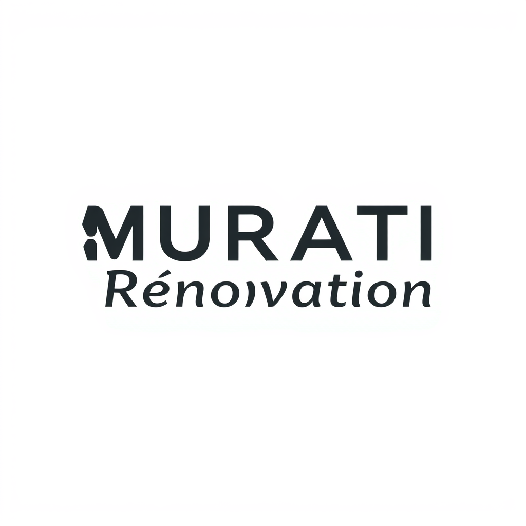 Main logo studio: Entreprise de carrelage. Logo "MURATI Rénovation" écrit en lettres dorées sur un fond blanc avec quelques carreaux octogonaux multicolores en couleurs