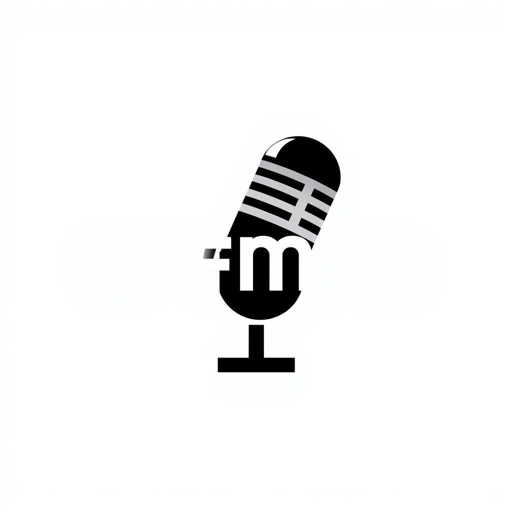 Main logo studio: Create a premium modern logo for “OFFMICS”, a media brand focused on podcasts, interviews, business and self-improvement. Use a bold geometric icon su