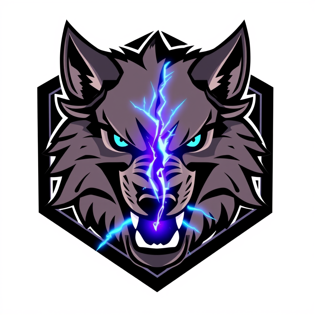 Main logo studio: Fierce esports mascot icon, front-facing symmetrical wolf head mid-roar, exposed sharp fangs, jagged angular fur spikes, glowing electric cyan eyes. H
