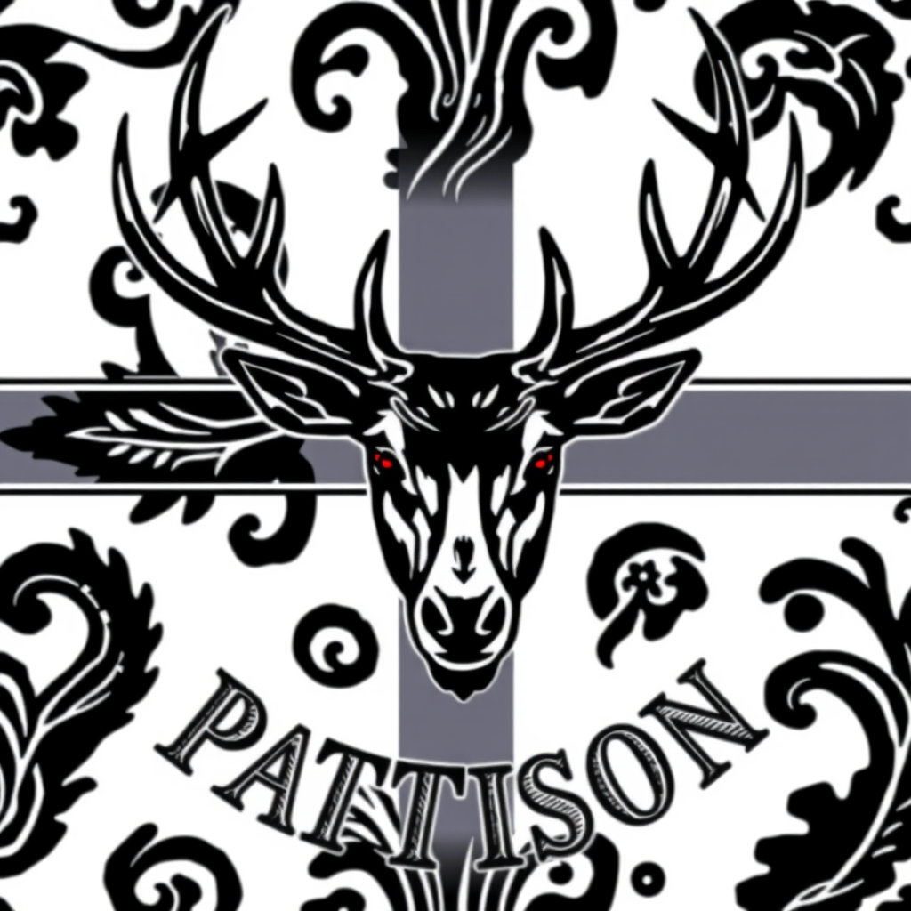 Vintage Logo idea: vintage retro logo for Pattison whisky, paisley pattern black and white, classic traditional and authentic malt whisky, very Scottish design like pais