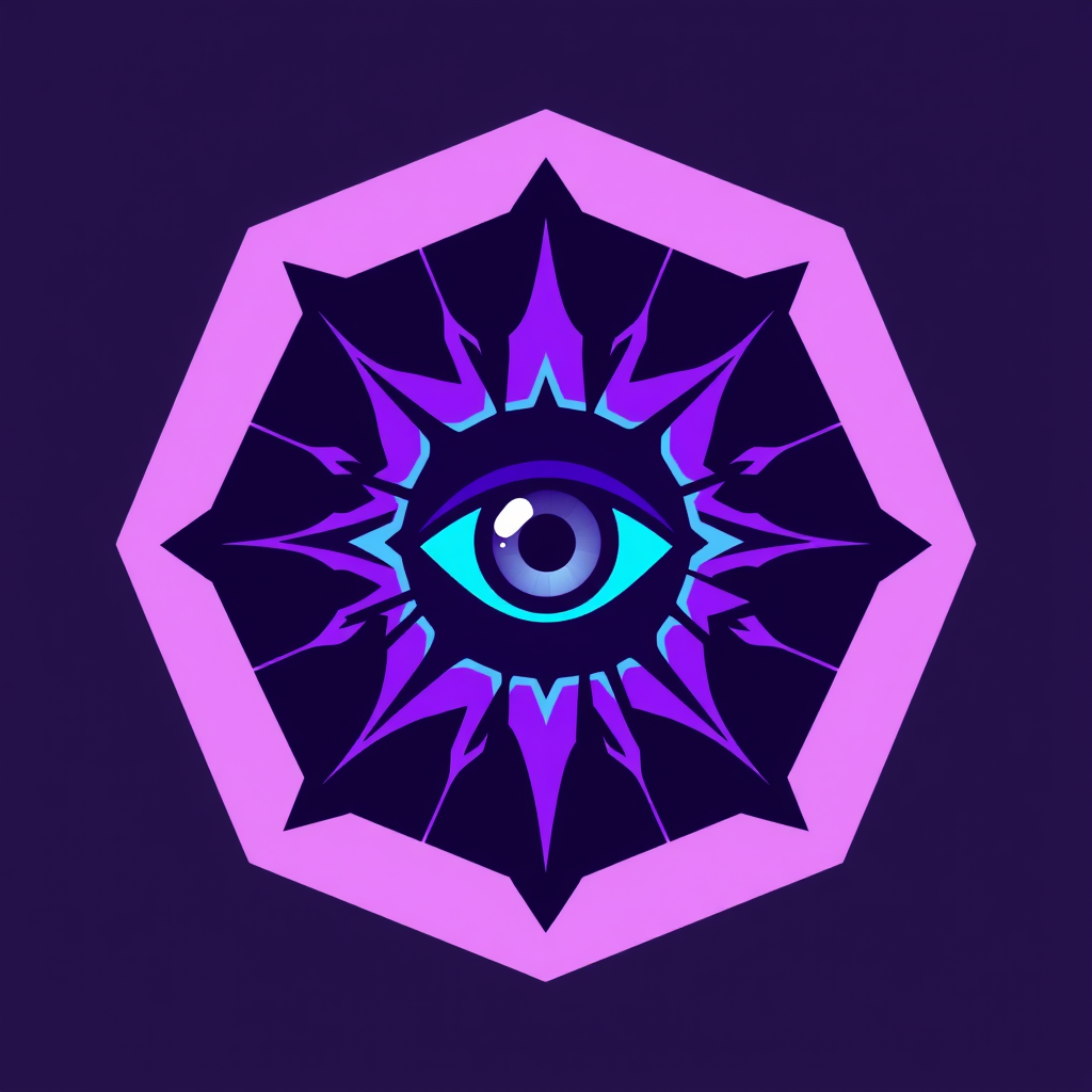 Main logo studio: Flat vector emblem logo, NOT mascot, NOT clipart, NOT airbrush shading. Abstract geometric sigil: a single glowing eye at the center of a fractured ci