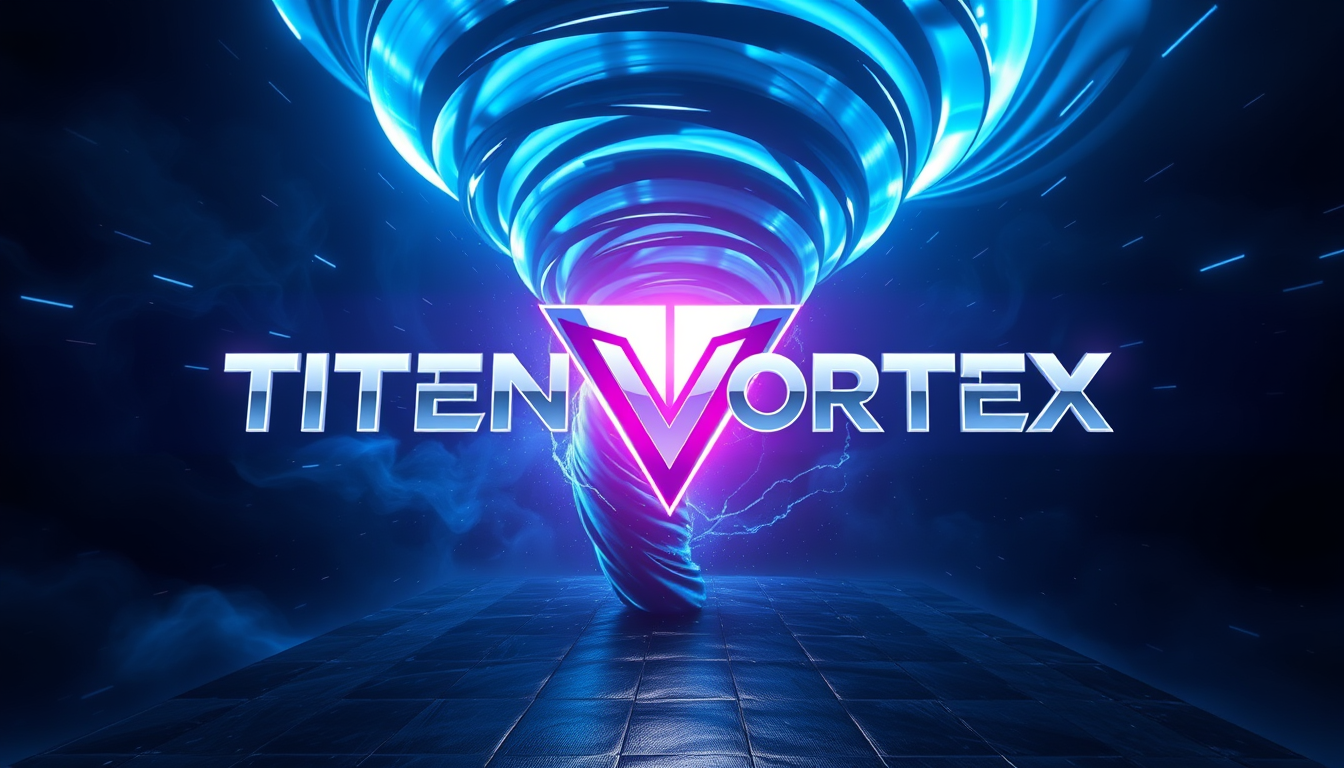 Main logo studio: Create a premium professional YouTube gaming banner for “TITEN VORTEX”. Use a dark obsidian background with a massive futuristic blue-violet tornado v
