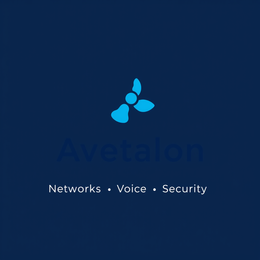 Main logo studio: Avetalon Networks • Voice • Security Modern minimalist technology logo. Bold geometric wordmark in deep navy/indigo, with a distinctive 3-part abstrac