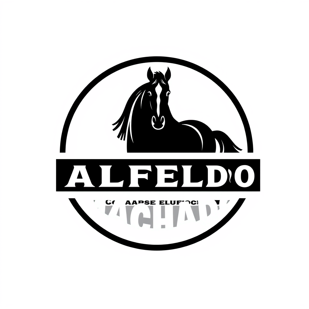 Badge Logo idea: badge logo for carlos alfredo machado, horse , bold badge design, text enclosed in a rounded rectangular or circular badge shape, thick border, clean 