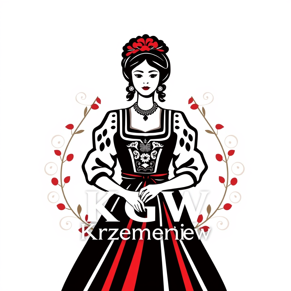 Main logo studio: Stwórz piękne logo dla „KGW Krzemieniew”. Polski folklor inspirowany wzorami łowickimi. Dodaj stylizowaną wiejską kobietę w czarnej spódnicy w czerwon