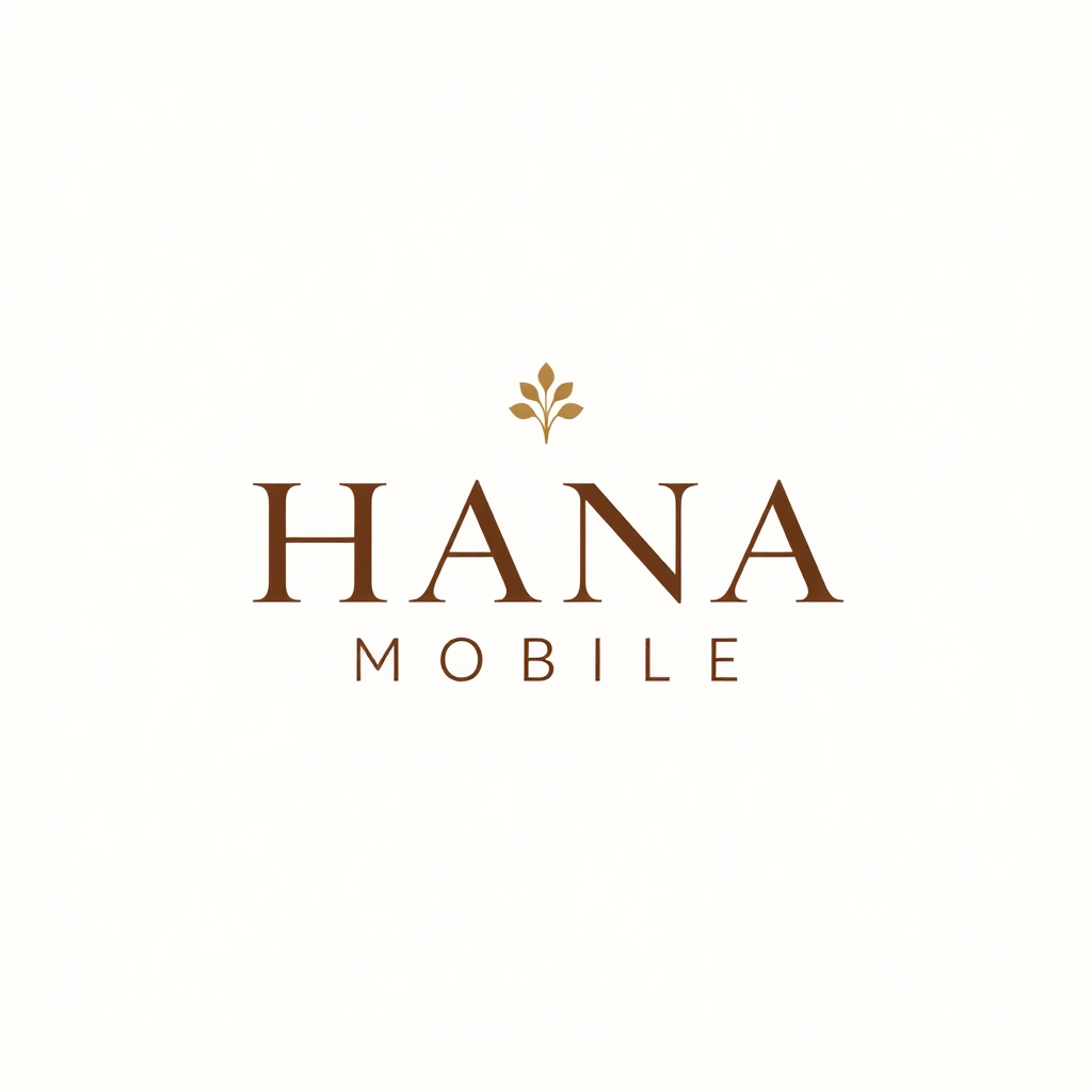 Minimalist Logo idea: minimalist logo, simple geometric mark for Minimal feminine logo for "HANA MOBILE", elegant serif font, cream background, dark brown text, tiny flower