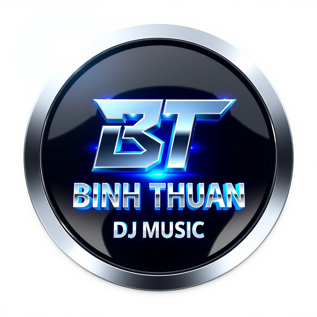 3D Logo idea: 3D logo for Create a premium 3D DJ MUSIC logo with the exact text "BINH THUAN". Design a bold, futuristic metallic monogram "BT" in the center, with s