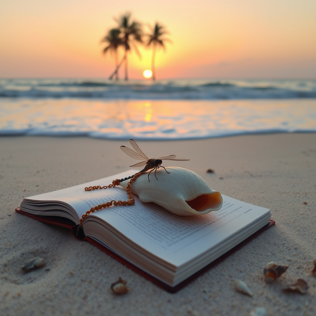 Main logo studio: Lighting welk and book on beach with visible waves, both Dragonfly and shell visible. 3 palms at sunset. Necklace draped over shell only. Other small