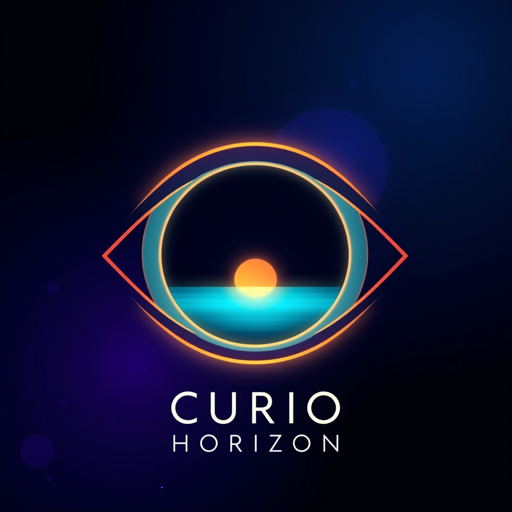 Main logo studio: Create the ultimate logo for “CURIO HORIZON”. A deep midnight-blue cosmic background with a subtle violet glow and tiny stars. Center a unique abstrac
