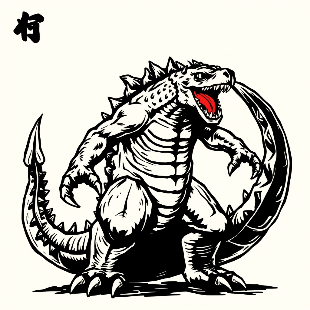 Main logo studio: Original giant kaiju mascot logo, fictional reptilian monster, huge claws and tail, aggressive roaring pose, Japanese vintage poster style, hand-drawn