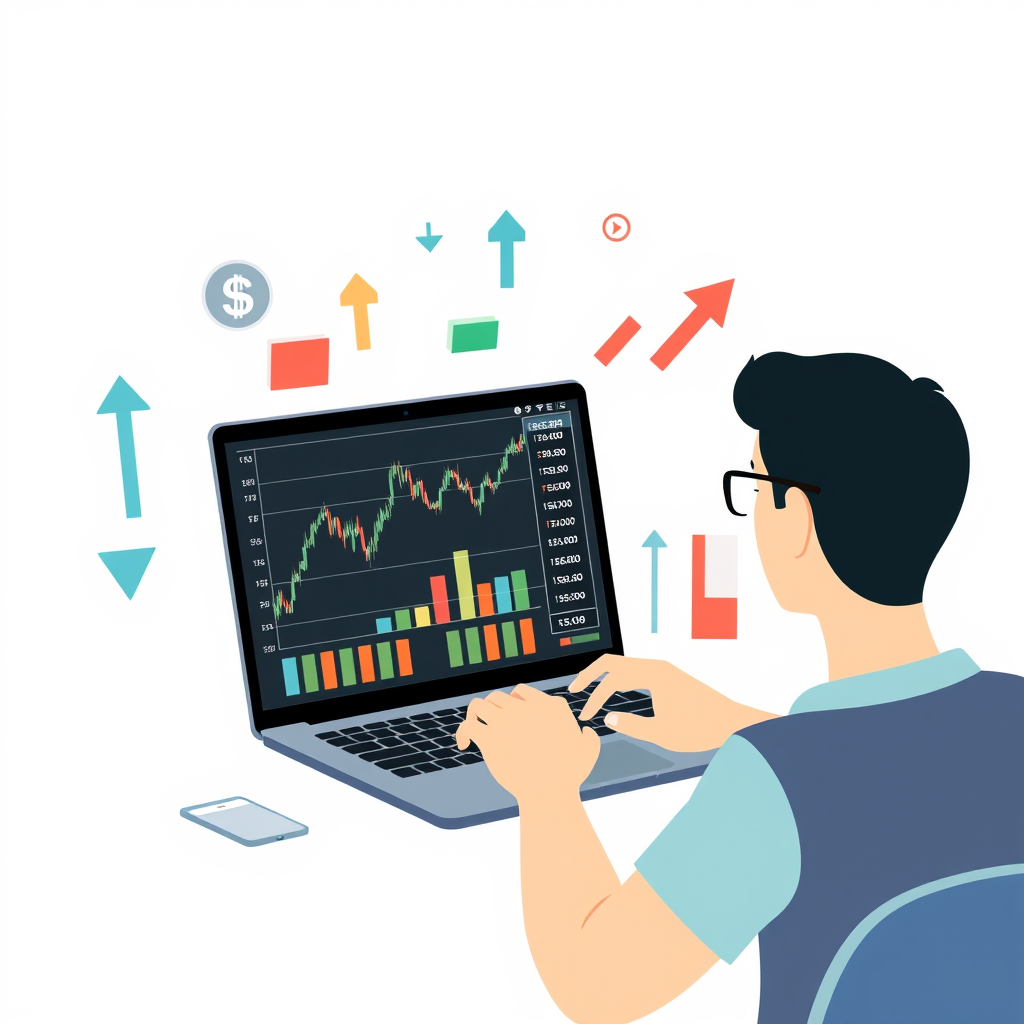 Main logo studio: Create a professional vector illustration of a person using a laptop to monitor stock market prices and financial charts. Include digital trading inte