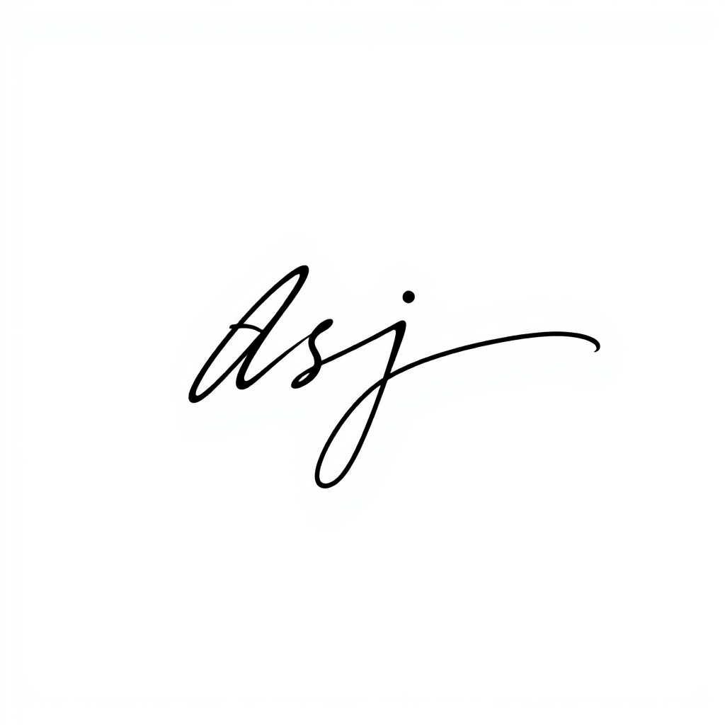 Signature Logo idea: signature logo of the name Asj , elegant handwritten calligraphy, flowing script lettering, personal signature style, delicate pen strokes, flat vecto