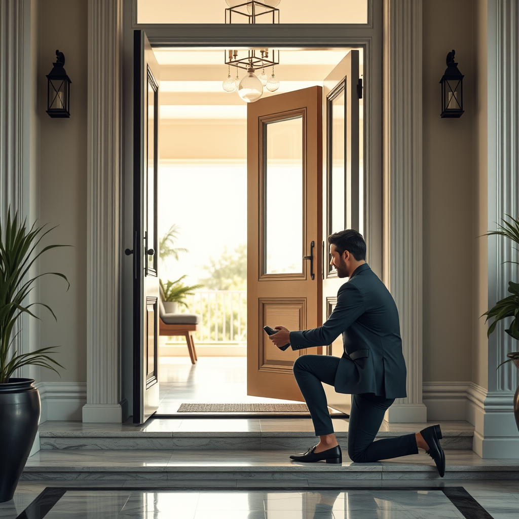 Main logo studio: Ultra-realistic 4K photo, modern elegant home entrance, open front door. A woman in a beautiful white dress stands on the indoor doorstep, looking at