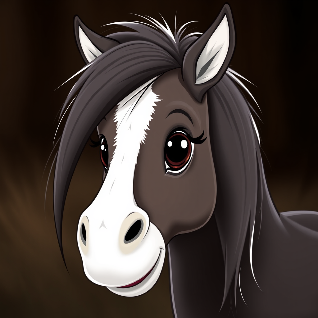 Main logo studio: sweet, baby clydesdale facing to the side bulky head dark big eyes long lases, velvety muzzle, and mouth in a small smile head has a sweet white blaze