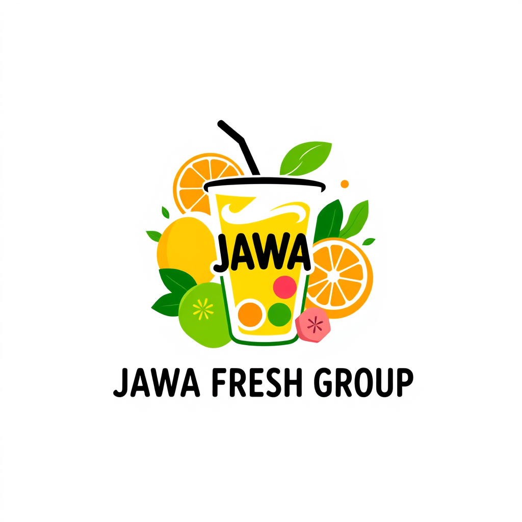 Main logo studio: Jawa Fresh Group, modern Indonesian beverage brand logo. Create a bold fresh emblem featuring a stylized colorful drink cup surrounded by simple tropi