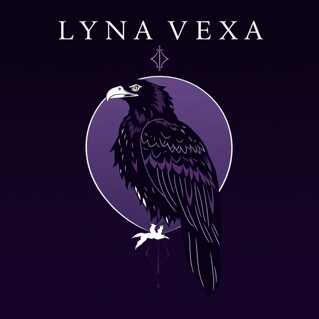 Main logo studio: Black background, LYNA VEXA in thin elegant white letters. A majestic condor as the main symbol, representing love and spiritual wisdom, with a mystic