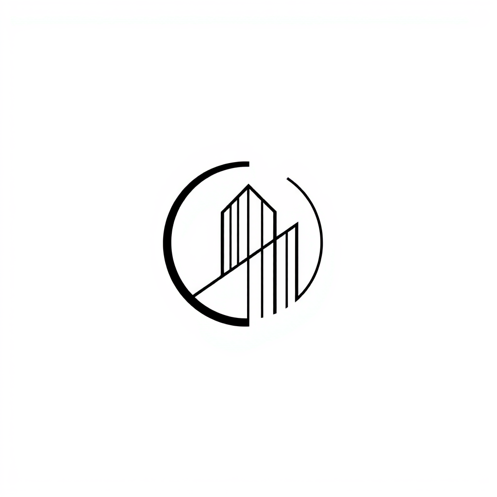 Main logo studio: Minimal architecture logo, abstract geometric circle combined with precise linear elements, balanced composition, intelligent negative space, black an