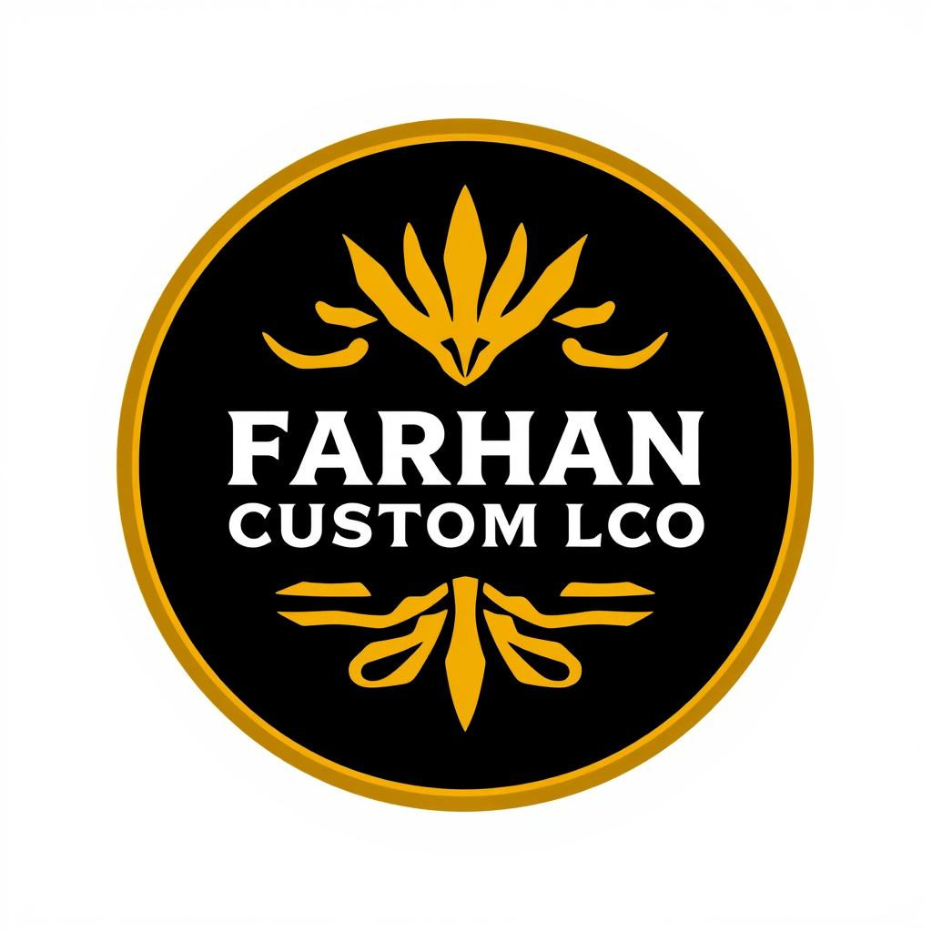 Wordmark Logo idea: wordmark logo of FARHAN CUSTOM .CO BIKER STYLE LOGO IN THE STYLE OF CHOPPER, BIKE CULTURE, MEXICANA FONT LOGO FOR SHOP WHITE FONT, GOLD OUTLINE, BLACK
