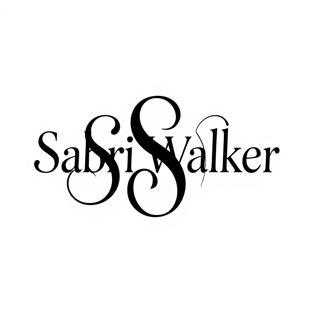 Monogram Logo idea: monogram logo combining the letters Sabri walker Multimedia Clip Production , elegant intertwined letterforms, flat vector logo, centered, solid white