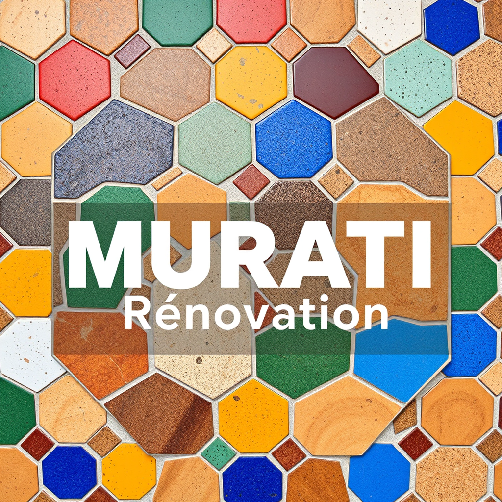 Main logo studio: Logo "MURATI Rénovation" en toutes lettres sur fond de mosaïque de carrelage octogonal multicolore couleurs vives