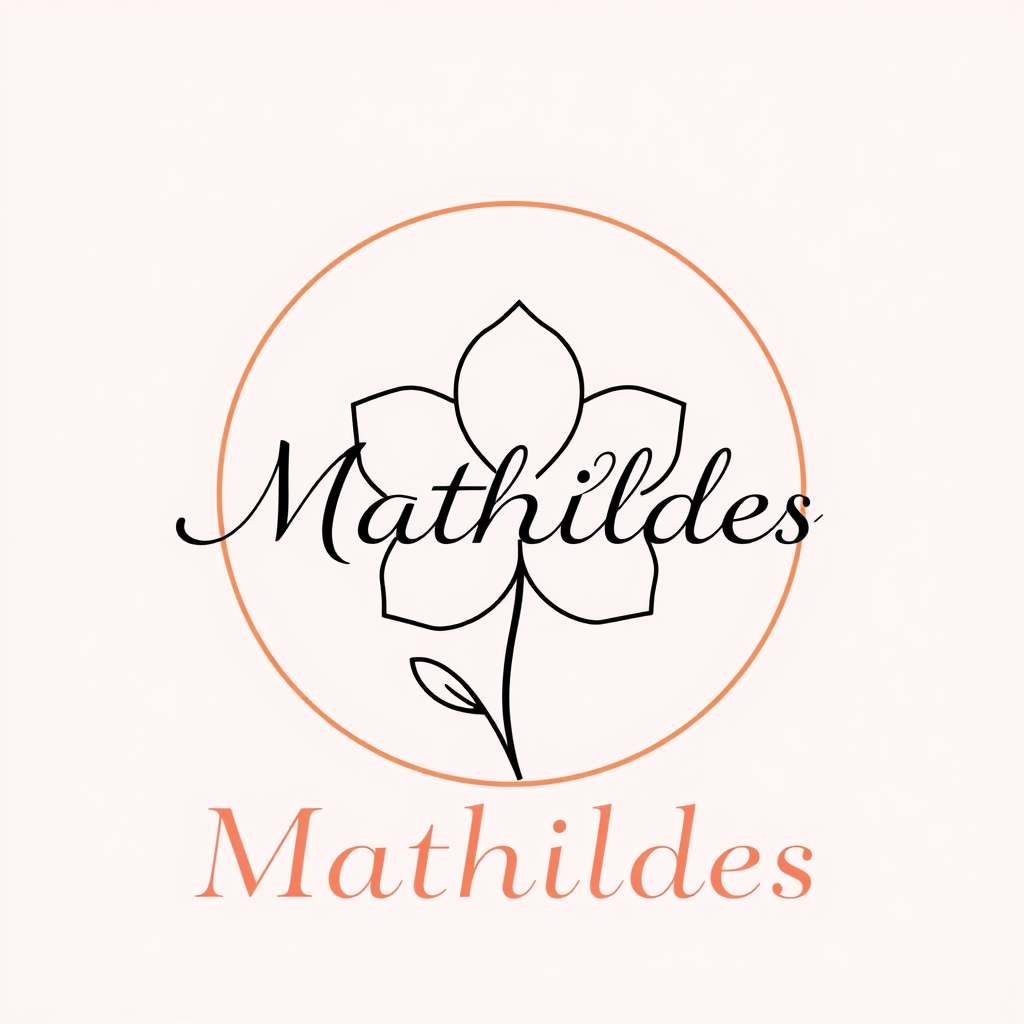 Main logo studio: Create an elegant logo with the name “Mathildes”. Use a single continuous line to draw a beautiful flower inside a circle. The flower must be a one-li
