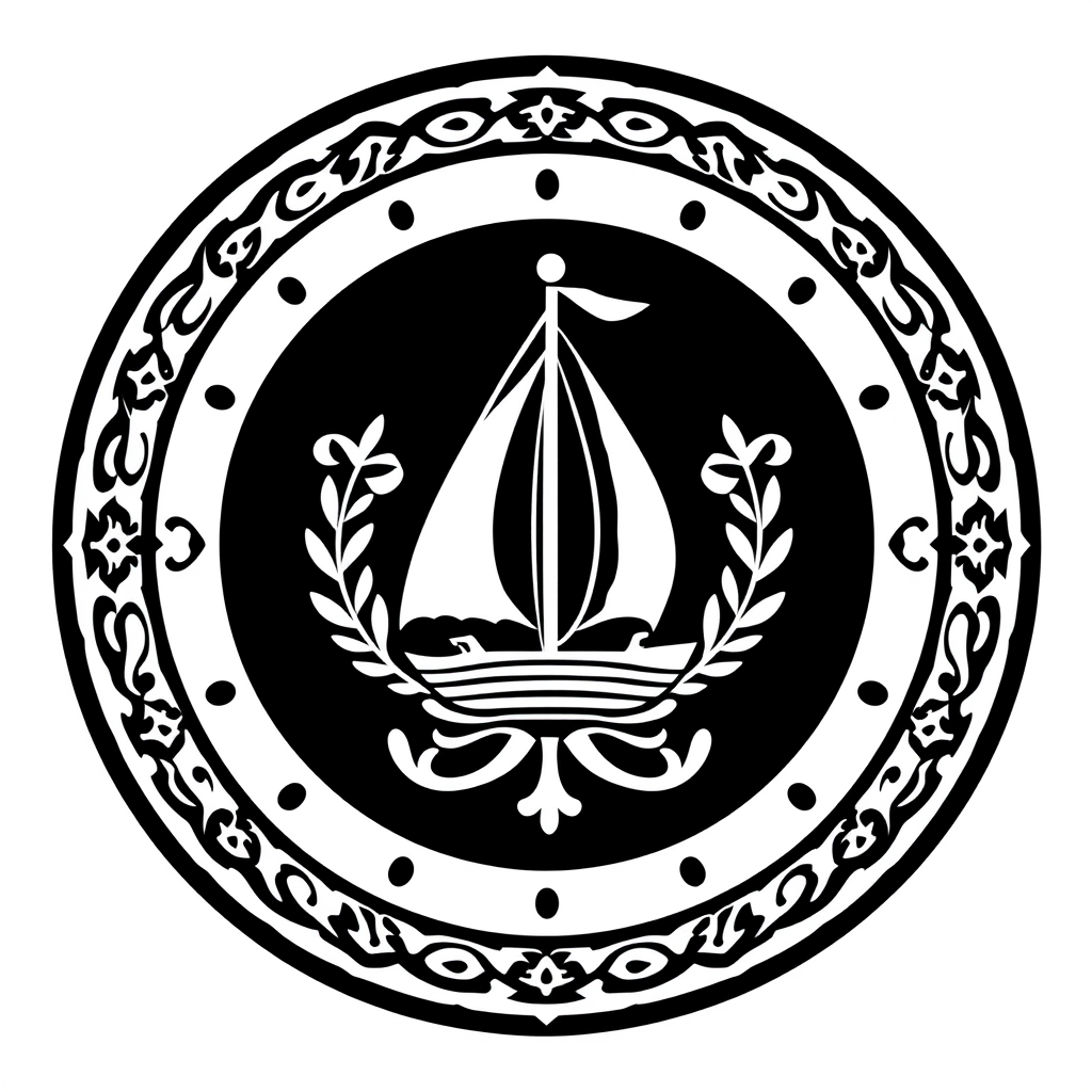 Emblem Logo idea: emblem logo of Uma logo circular com um barco de vela e emcima diz Aveiro CP , intricate crest seal badge design, symmetrical emblem, detailed border 