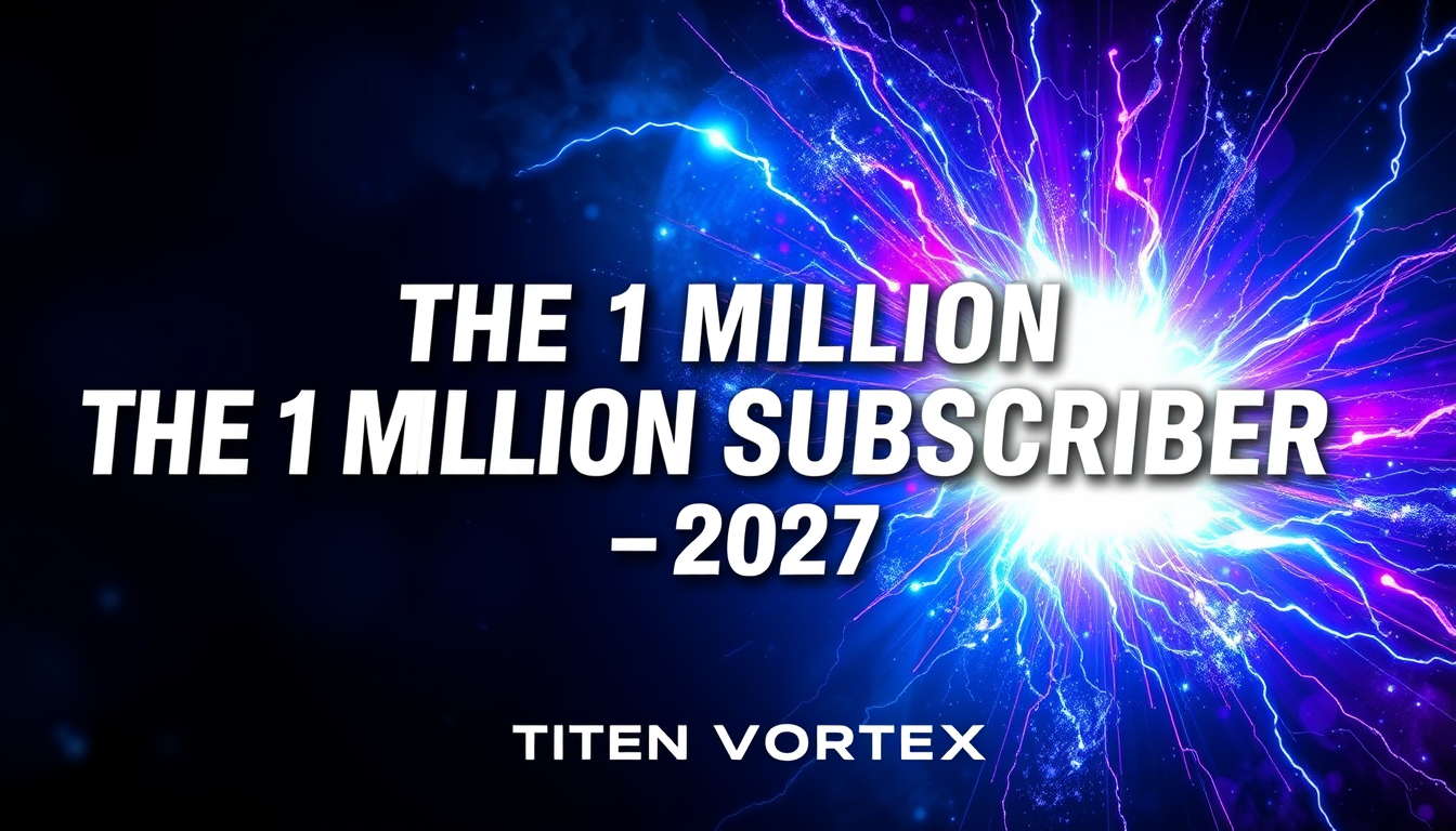 Main logo studio: Create a premium YouTube gaming banner for TITEN VORTEX. Exact text: “THE 1 MILLION SUBSCRIBER CHALLENGE — 2027”. Keep ALL text inside the CENTER MOBI