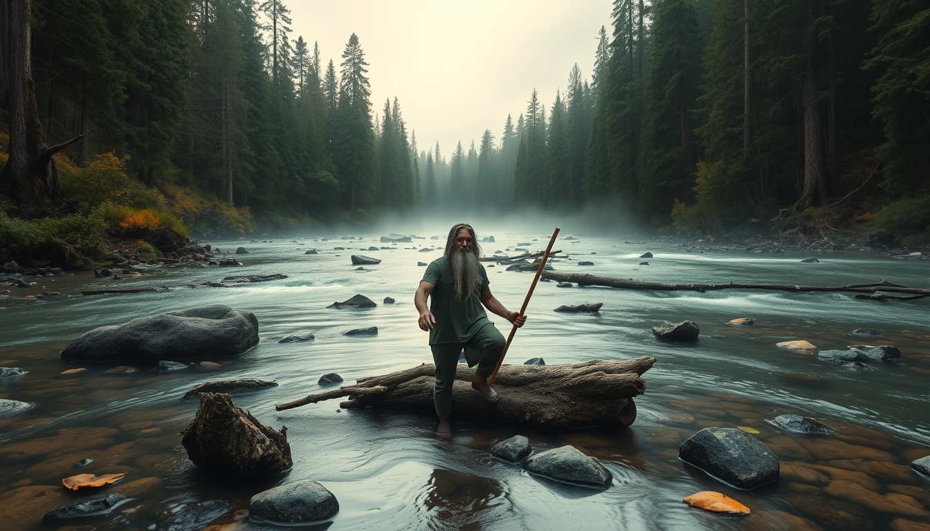 Main logo studio: Create a very small image of a shaman, using forest colors.foul mystery River