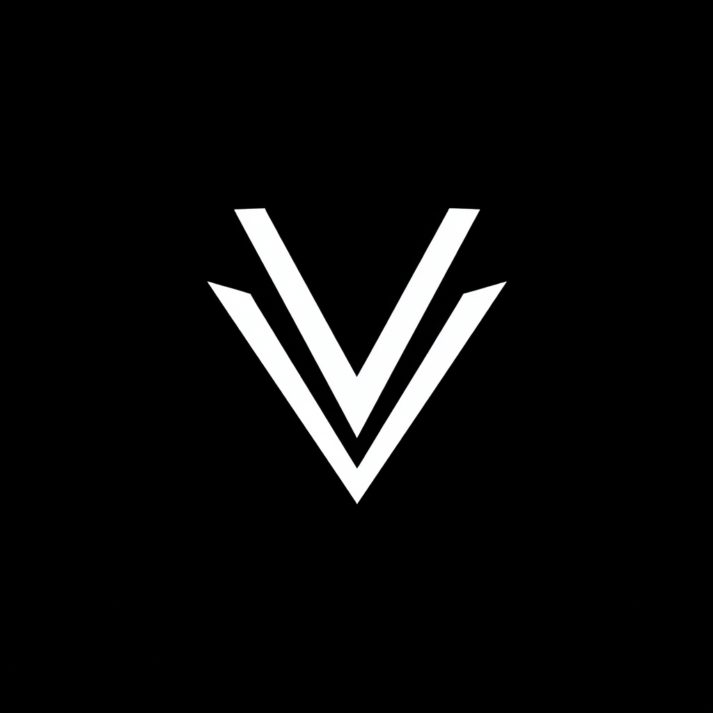 Main logo studio: Minimalist futuristic monogram logo, abstract geometric V and Y combined into one unique symbol, sharp angular forms, black background, pure white sym