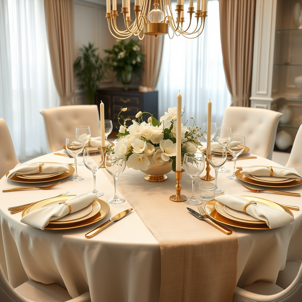 Main logo studio: Create a photorealistic, luxurious dining table setting featuring a timeless cream, ivory, beige, and champagne-gold color palette. Style the table wi