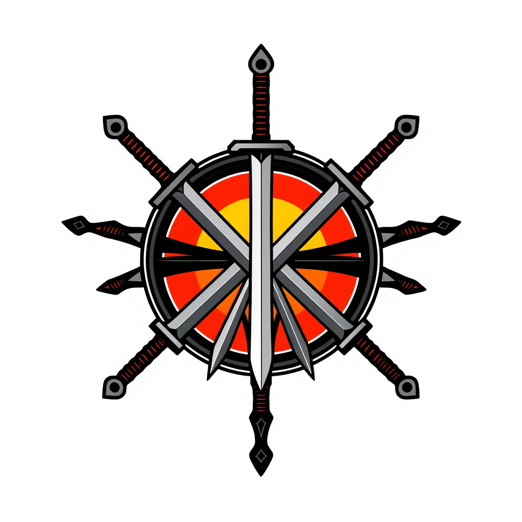 Emblem Logo idea: emblem logo of a guild emblem, The Dawn of Swords, 7 swords, medieval, a sun in the background , intricate crest seal badge design, symmetrical emblem