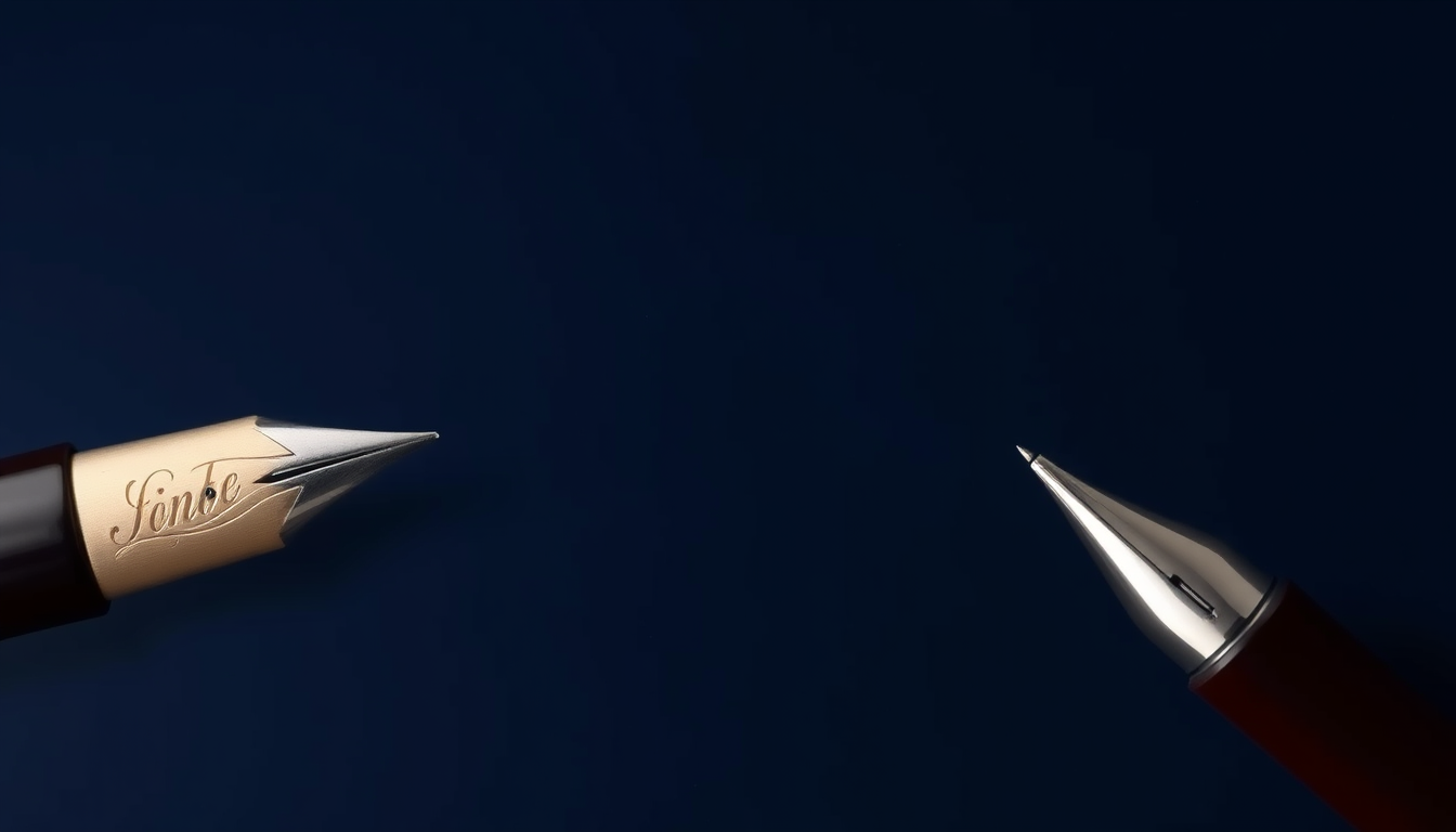 Main logo studio: Create a premium YouTube banner with a dark navy background, elegant pen nib, ink strokes and subtle writing elements. Leave a clean empty space in th